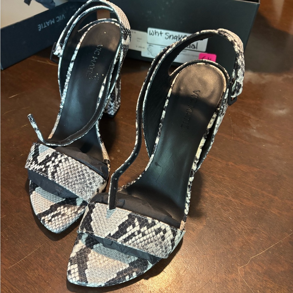 Vic Matie Black and White Snake Print Women's Heels